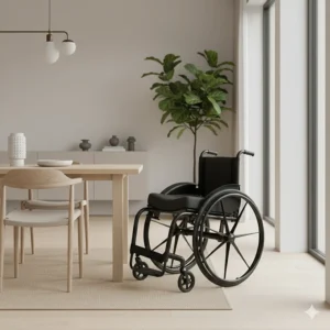 A sleek, black active wheelchair with a minimalist design positioned next to a wooden dining table in a contemporary British home.