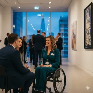 A working professional in a lightweight manual wheelchair attending a corporate networking event in a gallery.