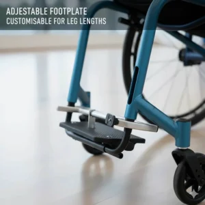 Detailed view of the height-adjustable footplate on an entry-level sports wheelchair to suit different user leg lengths.