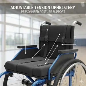 Technical drawing of the adjustable tension seat upholstery on a starter sports wheelchair for personalised posture support.