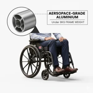 Detailed view of the aerospace-grade aluminium frame that keeps the wheelchair weight under 8kg while maintaining durability.