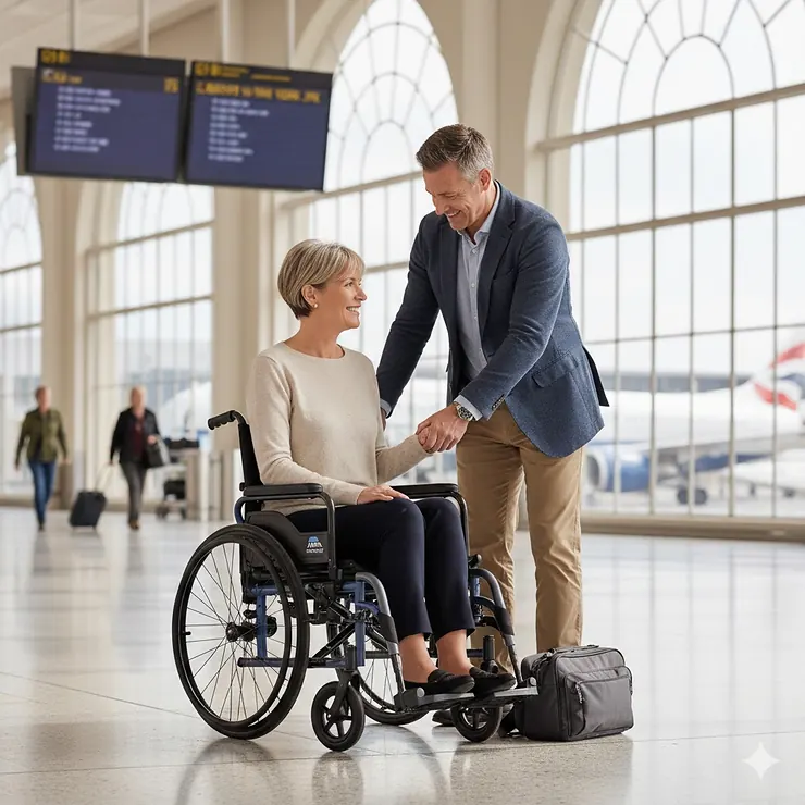 A lightweight airline approved wheelchair under 10kg being pushed through a modern UK airport terminal.