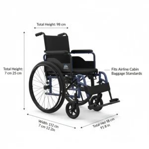 Technical diagram showing the width and height of an airline approved wheelchair under 10kg.