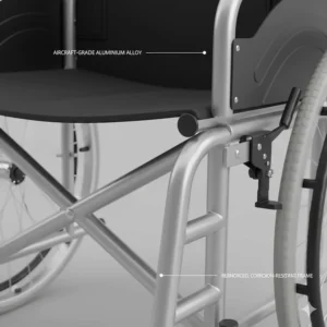 Close-up of the lightweight aluminium frame of the smallest folding wheelchair for car boot travel.