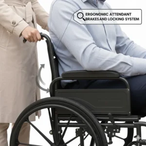 Illustration of the ergonomic attendant brakes and locking system on a lightweight manual wheelchair for safe downhill control.