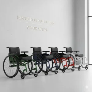 A row of active wheelchairs with a stylish design in various bespoke colours, including racing green, navy blue, and red, in a modern showroom.