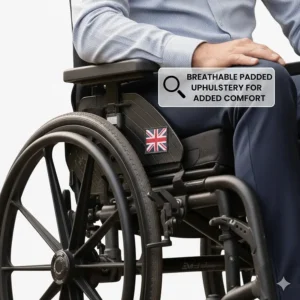 Close-up of the breathable padded upholstery on an 8kg transit wheelchair designed for added comfort and pressure relief.