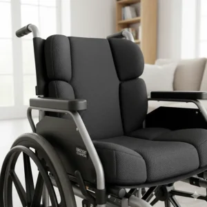 Illustration highlighting the breathable, padded nylon upholstery of a transit wheelchair designed for long-term comfort.