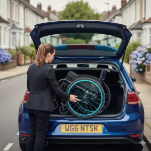 A woman in a smart blazer loading a lightweight, compact active wheelchair into the boot of a blue hatchback car on a British residential street.