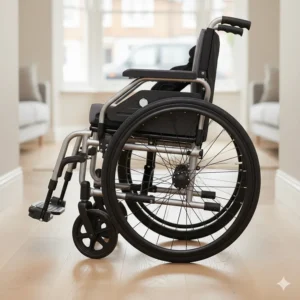 Close-up illustration of a narrow manual wheelchair folding down for storage in a small hallway or car boot.
