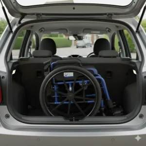 A lightweight 9kg wheelchair folded neatly inside the boot of a small British hatchback car.
