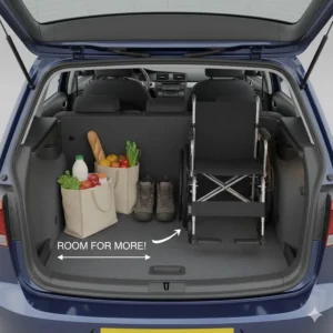 Overhead view of a folded wheelchair fitting inside a small car boot with room left for shopping bags.