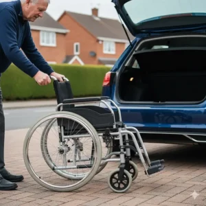 A lightweight aluminium wheelchair being folded easily with one hand for storage in a car boot.