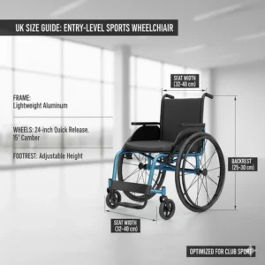 A sizing chart for an entry-level sports wheelchair, including seat width and backrest height measurements in centimetres.