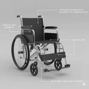 Illustration highlighting the ergonomic seat and adjustable footrests of a compact folding wheelchair.
