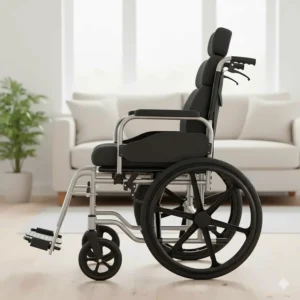 Side profile of a narrow folding wheelchair featuring ergonomic padded seating and swing-away footrests for comfort.