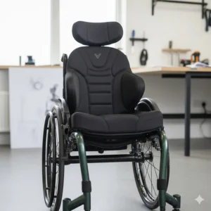 A professional studio view of a stylish active wheelchair featuring ergonomic contoured seating, breathable fabric, and a bespoke headrest.