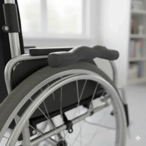 Close-up of contoured, easy-grip ergonomic handrims designed to reduce strain on arthritic finger joints.