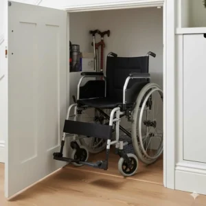 A fully folded narrow wheelchair tucked away neatly in an under-stairs storage cupboard to save space.