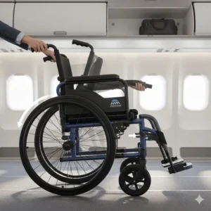 Illustration of a compact folding wheelchair designed to fit into an aeroplane overhead locker.