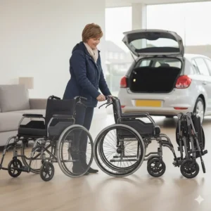 Illustration showing how the lightweight transit wheelchair folds down for easy storage in a cupboard or car boot.