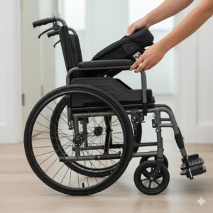 Close-up of a lightweight travel wheelchair being folded down for transport against a UK residential backdrop.