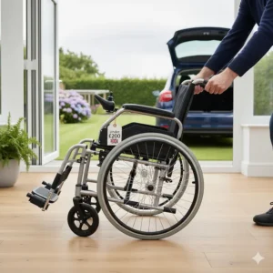 Compact folding mechanism of an affordable aluminium wheelchair, ideal for storing in small car boots.