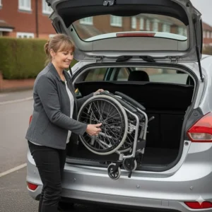 Illustration of a compact folding transit wheelchair being lifted into the boot of a standard UK hatchback car.