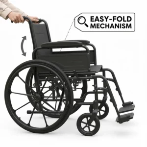 Close-up illustration of the easy-fold mechanism on a compact 8kg mobility wheelchair for easy storage and travel.