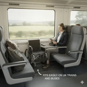 Illustration of a folded wheelchair tucked neatly under a seat on a UK bus or train.