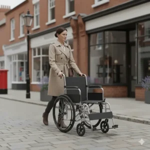 A compact folding wheelchair being navigated smoothly across a British high street pavement.