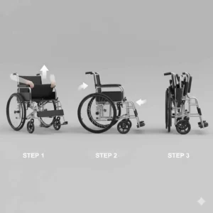 Diagram showing the simple three-step folding process of an ultra-lightweight wheelchair.
