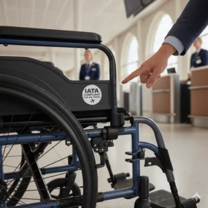 An airline approved wheelchair with an IATA compliance label visible for check-in at Heathrow airport.