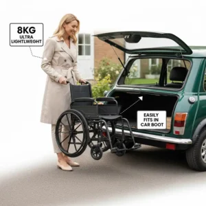 An illustration showing how easily an ultra lightweight wheelchair under 8kg fits into a small British hatchback car boot.
