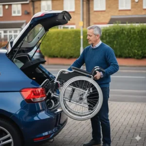 A person easily lifting a compact 9kg lightweight wheelchair into the boot of a standard UK hatchback.