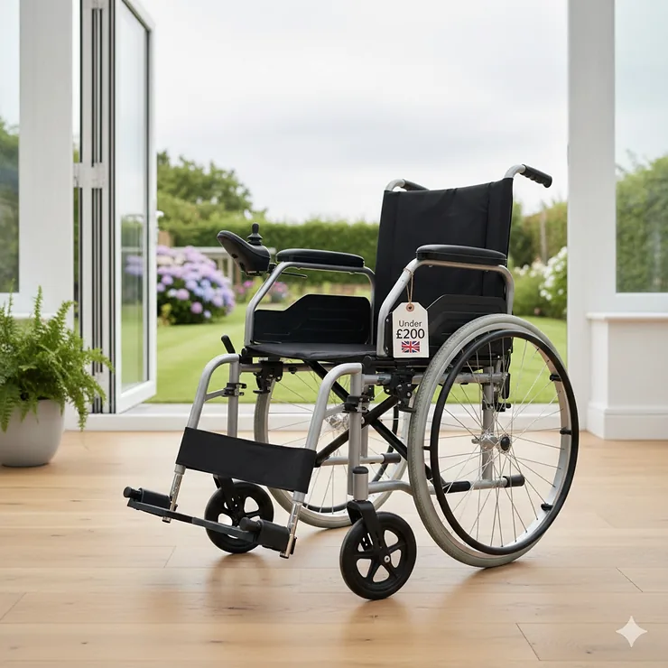 Lightweight aluminium folding wheelchair available in the UK for under £200, shown in a stylish silver finish. aluminium folding wheelchair under £200