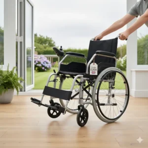 A person easily lifting a lightweight aluminium frame wheelchair weighing less than 12kg for transport.