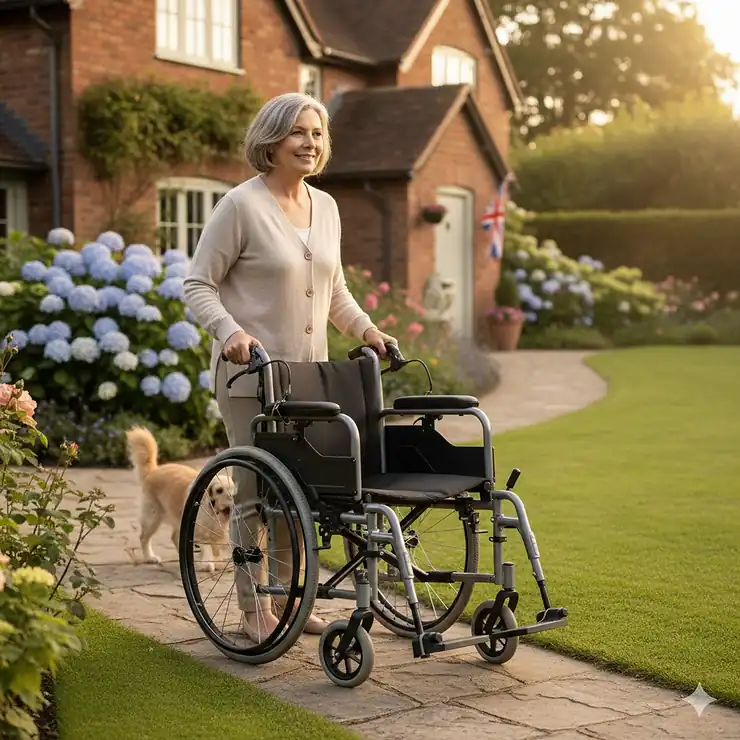 A person with arthritis easily operating a lightweight manual wheelchair with ergonomic handrims in a British park setting. lightweight wheelchair for arthritic hands