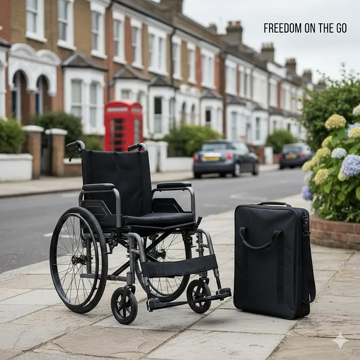 A lightweight travel wheelchair standing next to its compact black carry case on a paved British street with terraced houses. lightweight travel wheelchair with carry case