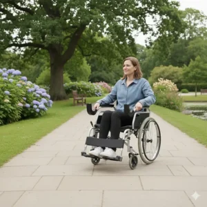A person using a lightweight travel wheelchair on a flat accessible pavement in a UK park setting.