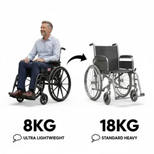 Diagram comparing an ultra lightweight wheelchair under 8kg to a standard heavy transit chair to demonstrate the weight saving.