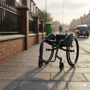 A charcoal-grey active wheelchair with a stylish design parked on a traditional paved UK pavement during a golden hour sunset.