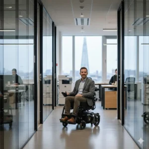A manoeuvrable office wheelchair for working professionals navigating through a narrow corridor between glass offices.