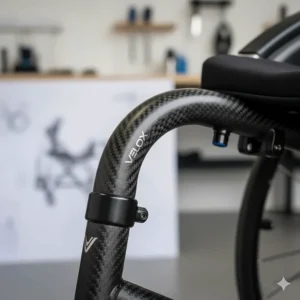 Close-up of a carbon fibre frame on a modern active wheelchair with a stylish design, showcasing the premium weave and silver branding.
