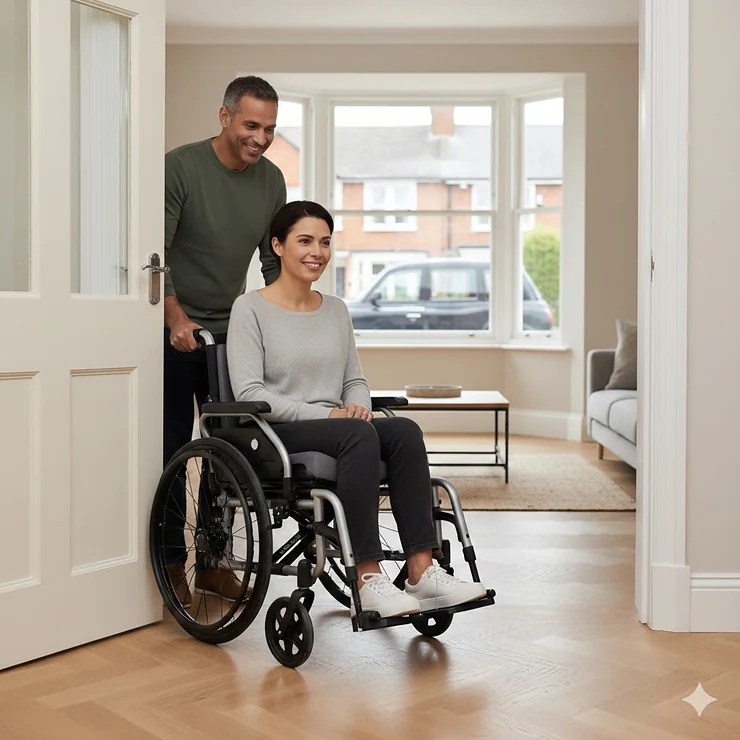 A person using a narrow folding wheelchair to easily navigate through a slim wooden internal doorway in a British home. narrow folding wheelchair for tight doorways