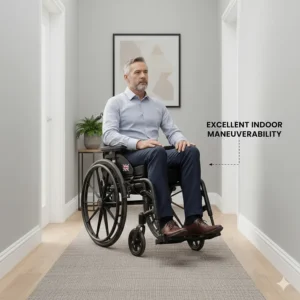 Illustration of a narrow ultra lightweight wheelchair navigating a tight hallway in a typical British home.
