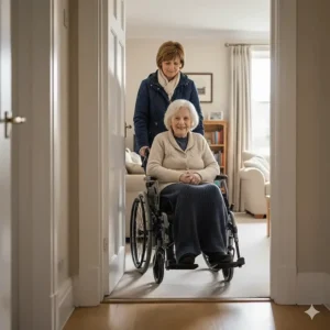 A slim-line lightweight transit wheelchair being pushed by a carer through a narrow interior doorway in a British home.