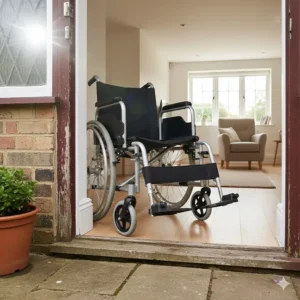 A narrow self-propelled wheelchair crossing a weathered door threshold from a garden into a living room.