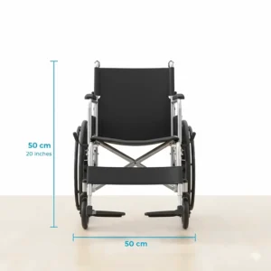 Technical drawing showing the slim 50cm width of a folding wheelchair designed for tight corridors and doors.