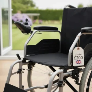 Close-up of the durable padded seat and backrest on a budget-friendly aluminium transit chair.